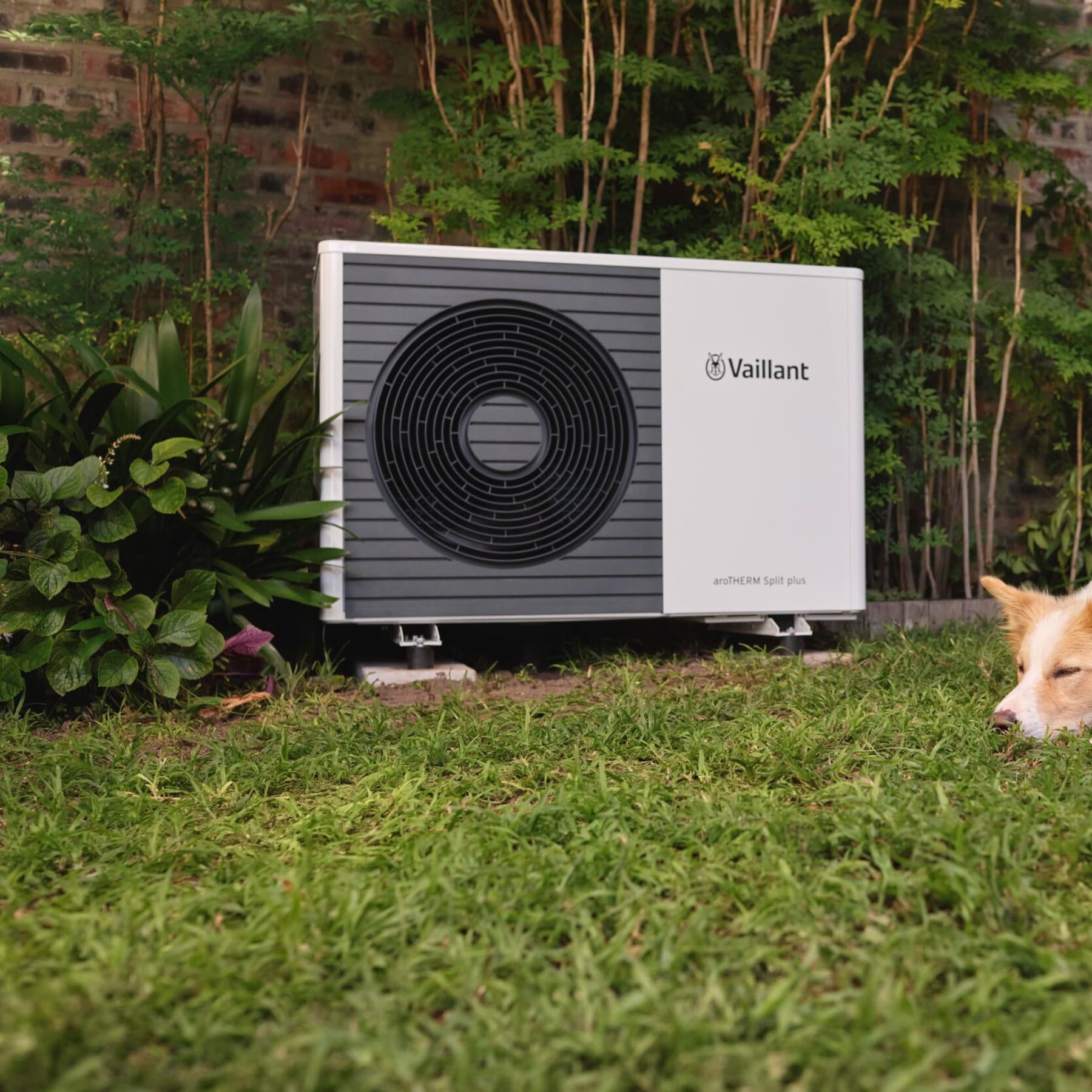 Heat pump outdoor unit, standing in a garden